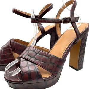 H&M Platform Sandal Heel Red Burgundy Size 8 39 Y2K Block Heel Faux Leather 5 in